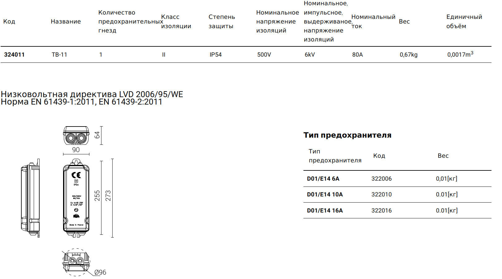 Щиток вводный Rosa ТВ-11, IP54, модульный, осветительный, встраиваемый, 4 клеммы для 4x10-35 мм²