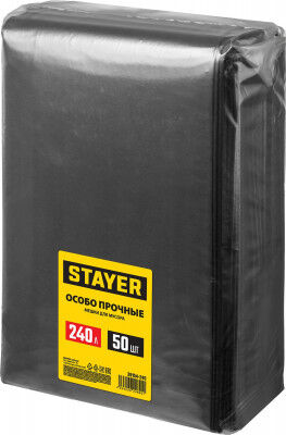 STAYER строительные мусорные мешки 240л, 50шт, особопрочные, чёрные, HEAVY DUTY 39154-240