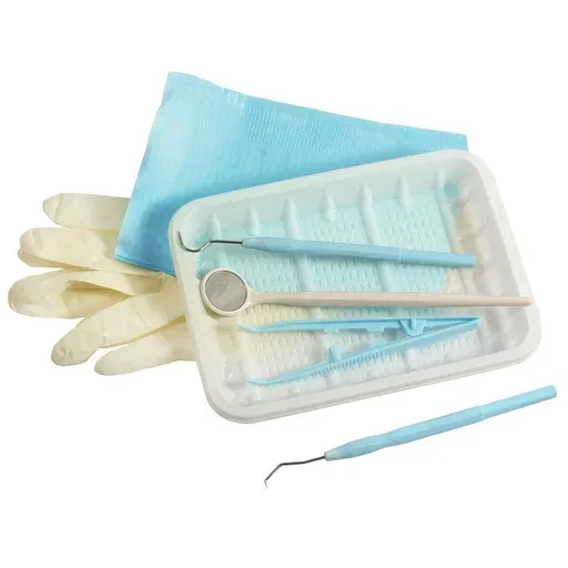 Набор стоматологических инструментов одноразовый стерильный: лоток, зеркало, пинцет, зонд, салфетка, перчатки