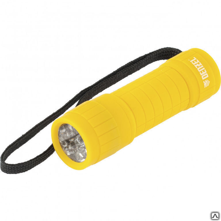 Фонарь светодиодный, желтый корпус с мягким покрытием, 9 Led, 3хААА Denzel