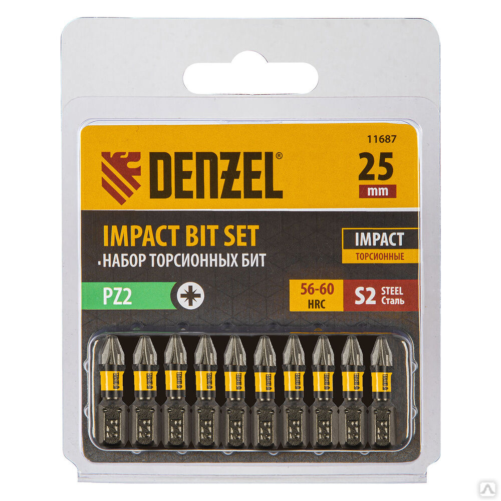 Набор бит, IMPACT, PZ2x25 мм, лазерная обработка шлица, сталь S2, 10 шт., Е 6,3 Denzel