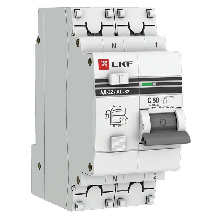 Выключатель автоматический дифференциального тока 2п (1P+N) C 50А 300мА тип AC 4.5кА АД-32 защита 270В электрон. PROxima