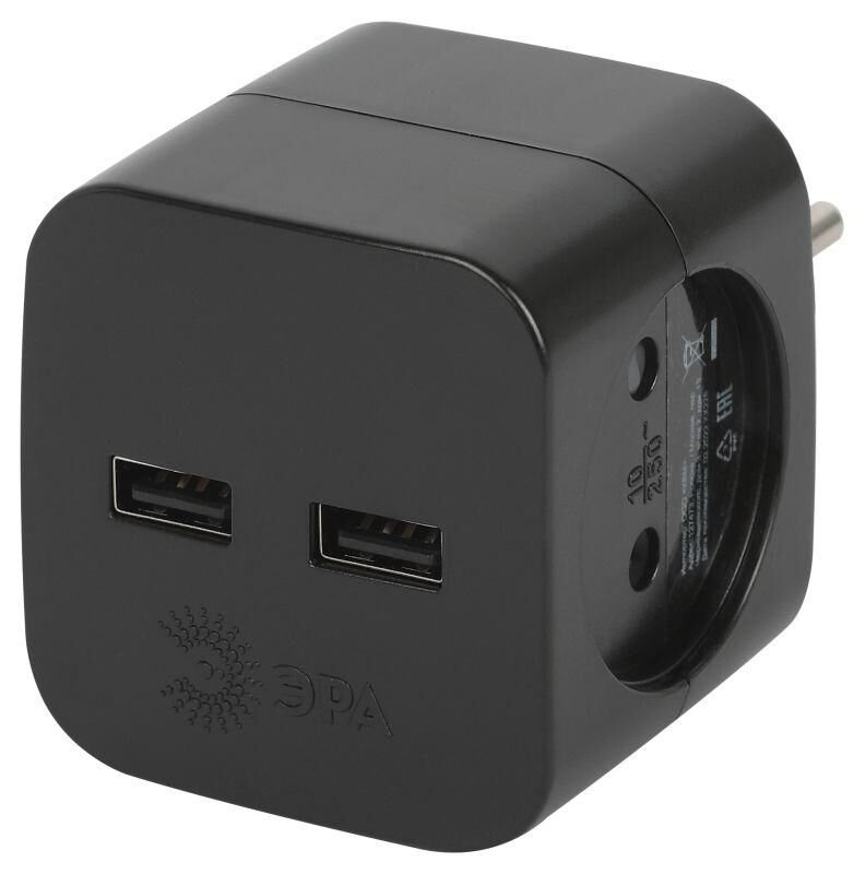 Разветвитель электрический SP-2-USB-B на 2 розетки 220В+ 2xUSB 2400мА без заземл 10А черн. Эра Б0049535 ЭРА