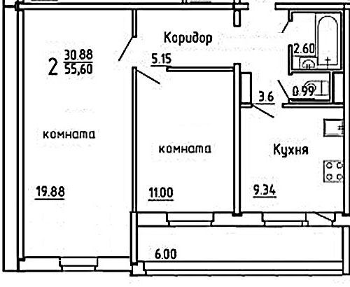 2-х комнатная квартира 55.6 квм в д. Островцы 14 км МКАД